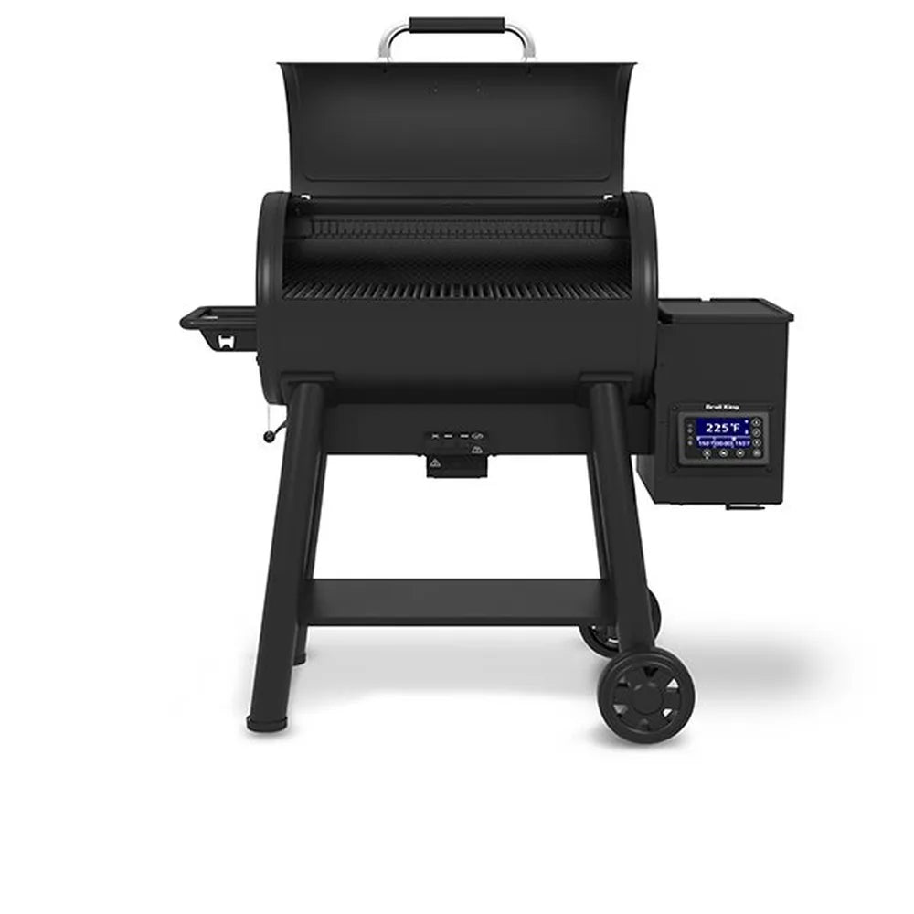 Broil King Crown Pellet 500 WiFi pellet smoker with lid open, showing the spacious pellet grill interior, upper warming rack, digital temperature display on the side hopper, compact front shelf, and sturdy black cart base with wheels.