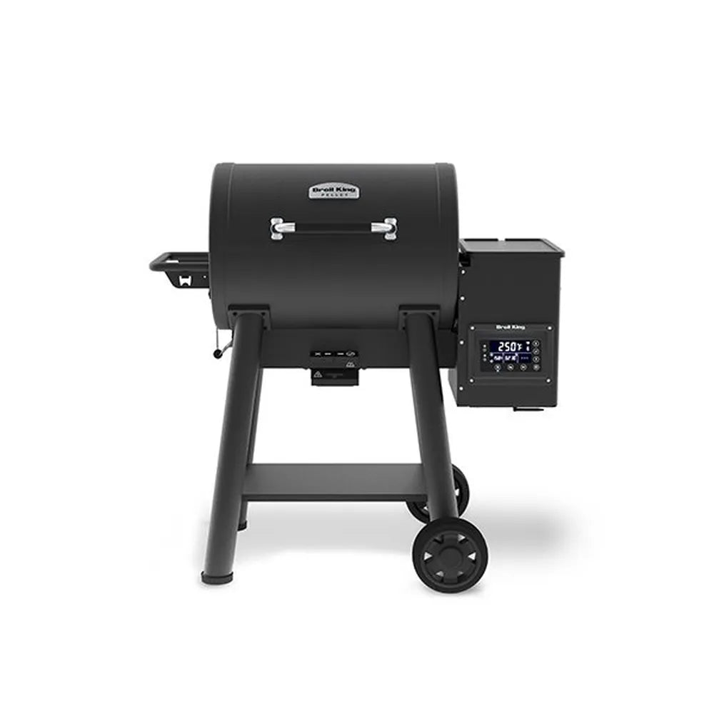 Front view of the Broil King Crown Pellet 400 WiFi pellet smoker in matte black, featuring a rounded barrel body, chrome handle, side-mounted pellet hopper with digital temperature display, compact side shelf, sturdy tubular legs, and transport wheels.