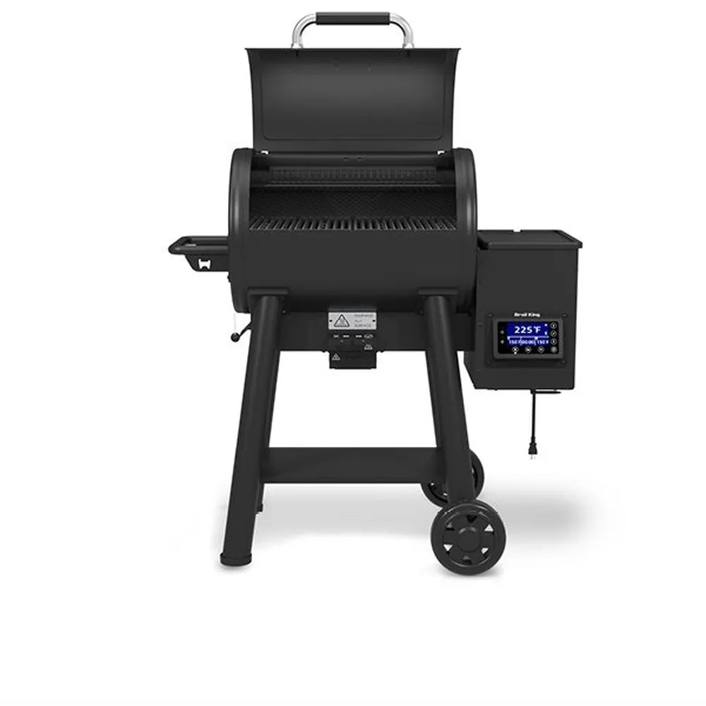Broil King Crown Pellet 400 WiFi pellet smoker with lid raised, highlighting the spacious grilling interior, rear warming rack, digital control panel, side hopper, lower shelf, and freestanding black cart frame.