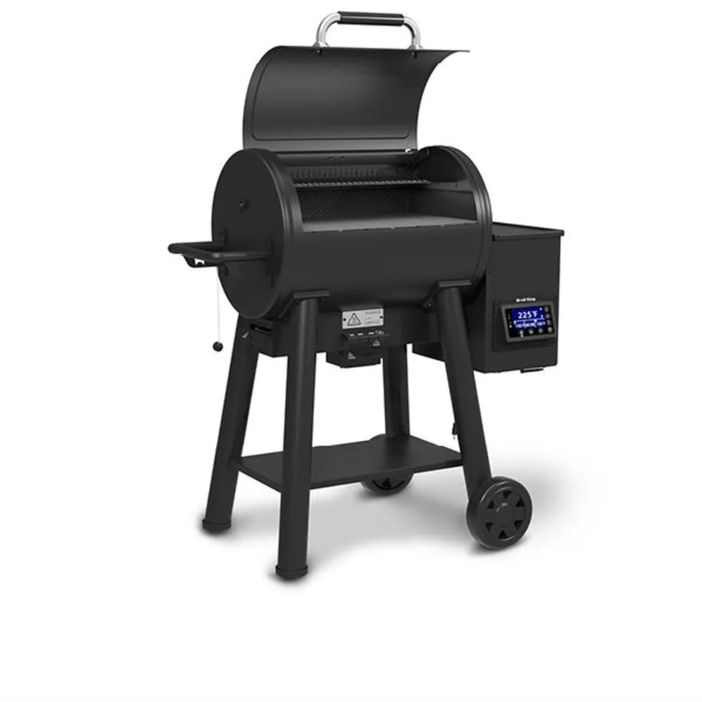 Broil King Crown Pellet 400 WiFi pellet smoker with lid open, showing the barrel-style cooking chamber, upper warming rack, side pellet hopper with digital controller, small side shelf, lower storage shelf, and two-wheel cart on a light gray background.