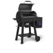 Broil King Crown Pellet 400 WiFi pellet smoker with lid open, showing the barrel-style cooking chamber, upper warming rack, side pellet hopper with digital controller, small side shelf, lower storage shelf, and two-wheel cart on a light gray background.