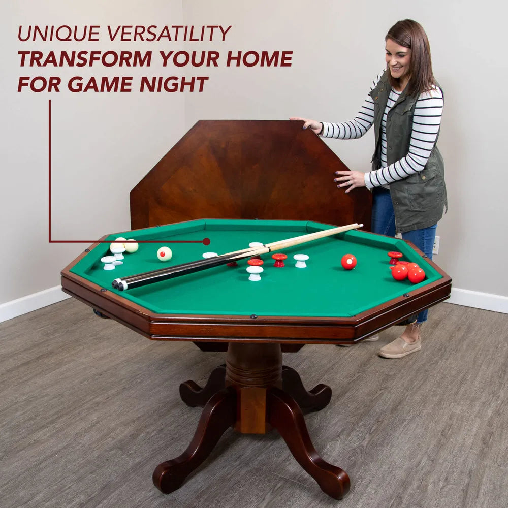 A woman removing the wood dining top to reveal a bumper pool game table underneath for home entertainment.