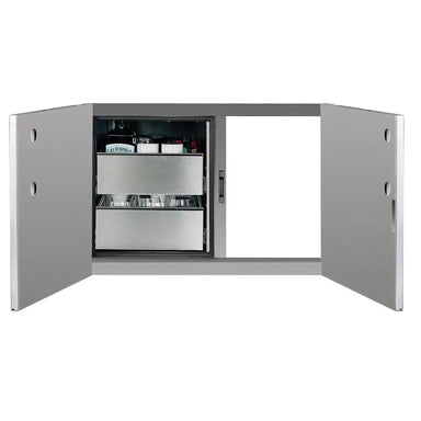 Summerset DP-36AC outdoor pantry open, showing deep storage space and dual pull-out drawers.