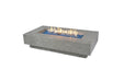 Elementi Plus Riviera OFG415LG light gray rectangular fire table with blue fire glass and flame.