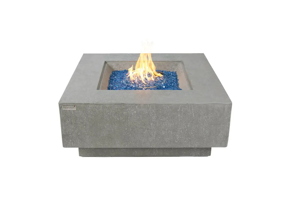 60,000 BTU Victoria space gray fire table with linear flame on white background.