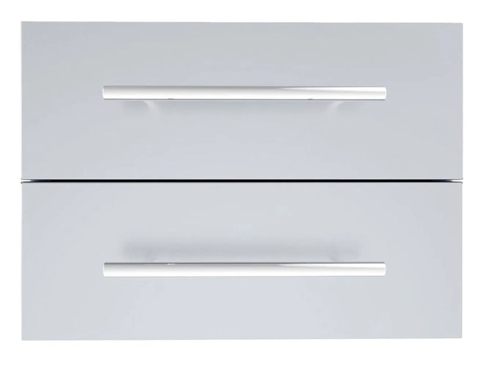 Sunstone DE-DD13 raised double access drawer, 304 stainless steel outdoor kitchen drawers with two horizontal handles, front view.