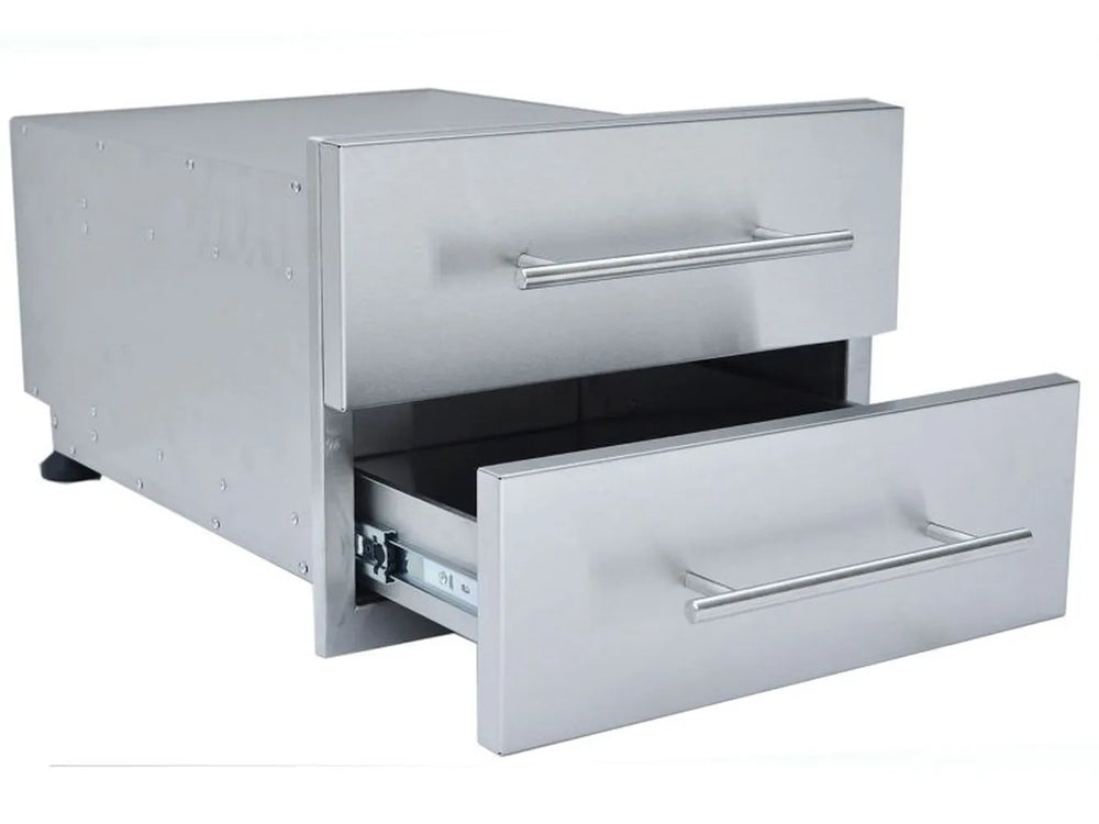Angled view of Sunstone DE-DD13 stainless double drawer with lower drawer open on soft-close slides for outdoor kitchen storage.