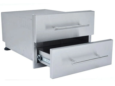 Angled view of Sunstone DE-DD13 stainless double drawer with lower drawer open on soft-close slides for outdoor kitchen storage.