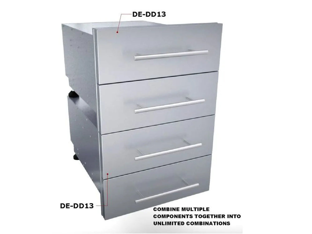 Sunstone DE-DD13 raised double access drawer shown stacked as modular outdoor kitchen component for custom cabinet combinations.