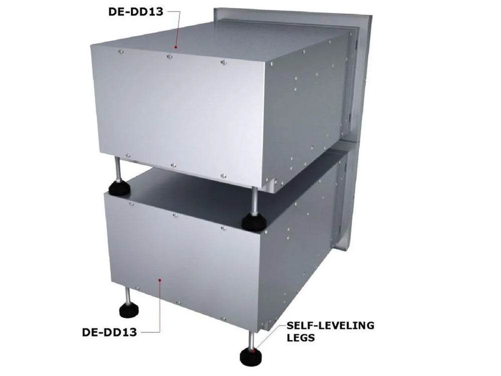 Sunstone DE-DD13 modular drawer units stacked with self-leveling legs, 304 stainless steel outdoor kitchen storage system.