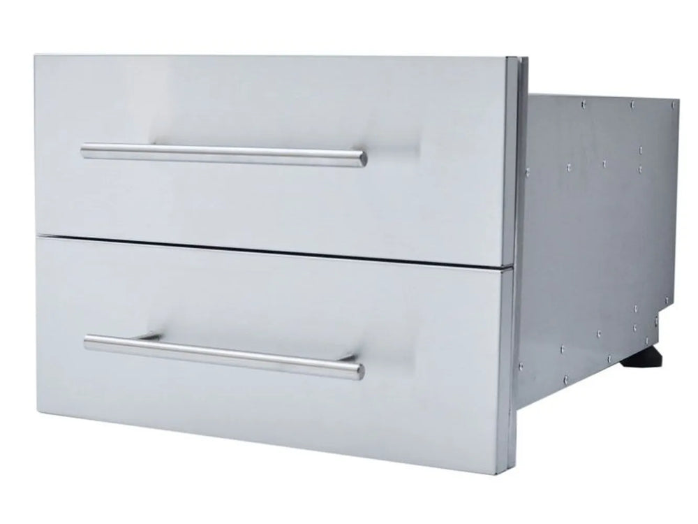 Angled front view of Sunstone DE-DD13 304 stainless raised double access drawer with long bar handles, closed position.