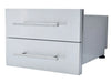 Angled front view of Sunstone DE-DD13 304 stainless raised double access drawer with long bar handles, closed position.