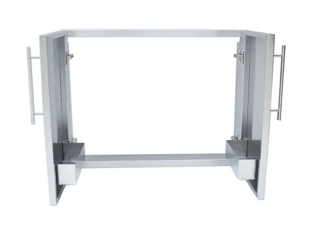 Sunstone DE-DD30 30-inch double access doors open, showing 304 stainless interior with shelves and both door handles.