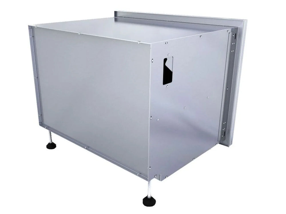 Back view of Sunstone DE-DD42 42-inch stainless outdoor kitchen cabinet housing with mounting flange and adjustable leveling feet.