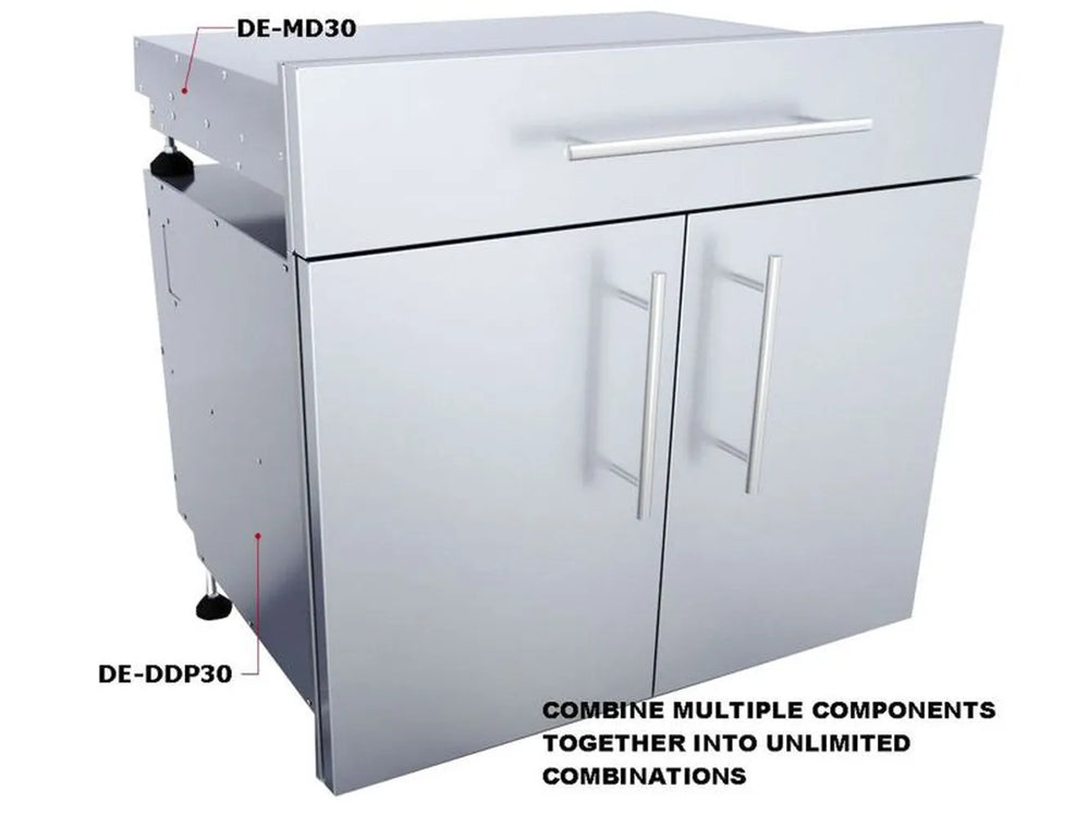 Sunstone DE-DD30 raised double doors with shelves shown as modular outdoor kitchen component, 304 stainless steel.
