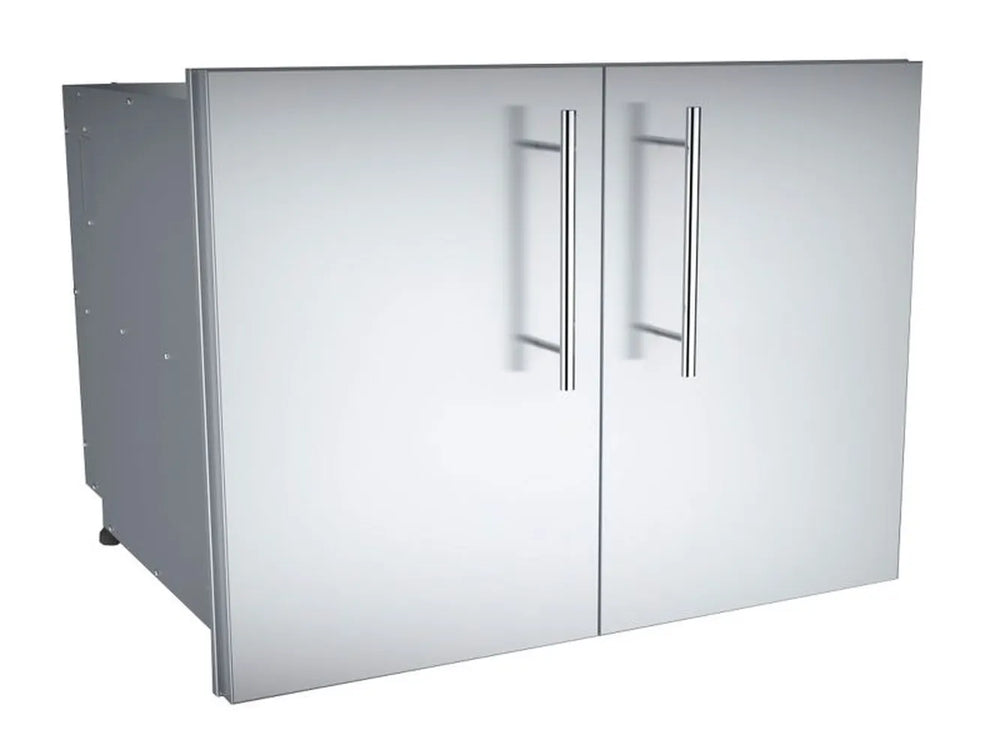 Angled view of Sunstone DE-DD30 30-inch raised stainless double doors with vertical bar handles for outdoor kitchen islands.