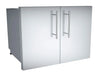 Angled view of Sunstone DE-DD30 30-inch raised stainless double doors with vertical bar handles for outdoor kitchen islands.