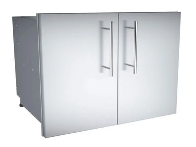 Angled view of Sunstone DE-DD30 30-inch raised stainless double doors with vertical bar handles for outdoor kitchen islands.