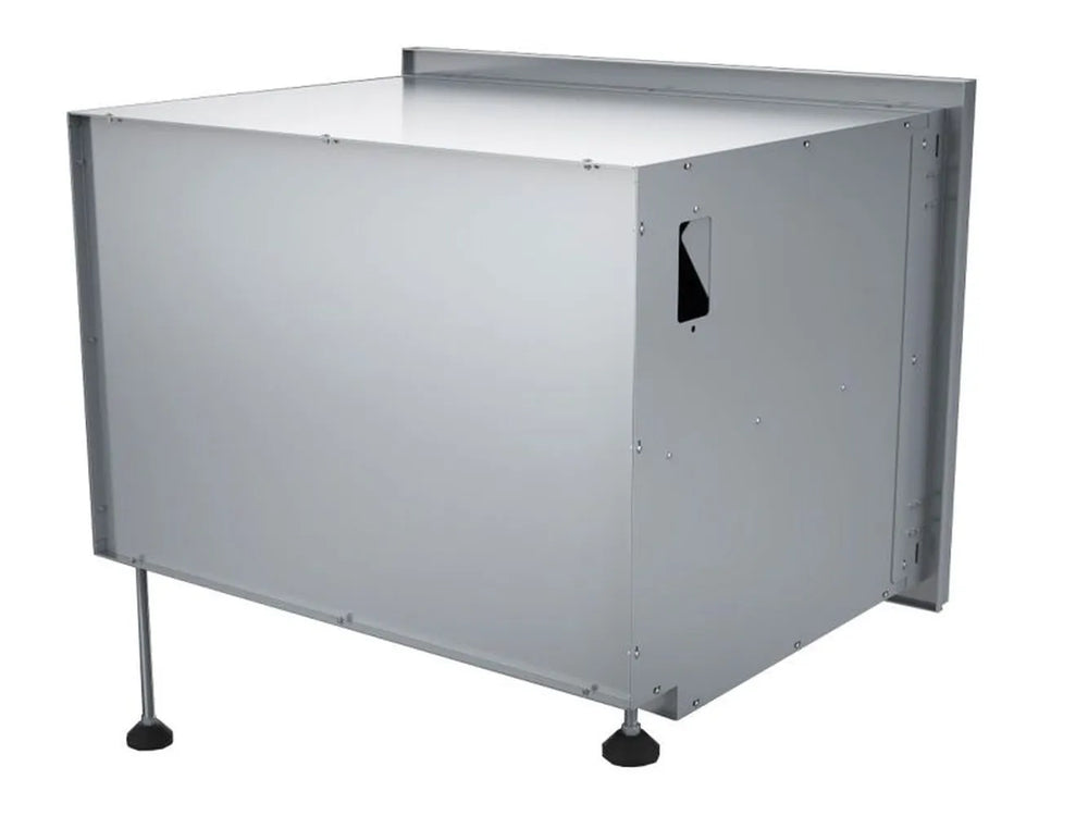 Alternate rear angle of Sunstone DE-DD42 42-inch stainless cabinet body with mounting flange and adjustable feet.
