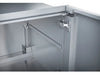 Close-up of Sunstone DE-DD42 stainless hinge hardware and interior shelf support inside raised double door cabinet.