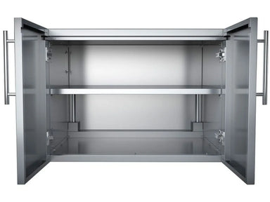 Sunstone DE-DDP30 dry storage pantry with double doors open, showing stainless interior and adjustable shelf for outdoor kitchen storage.