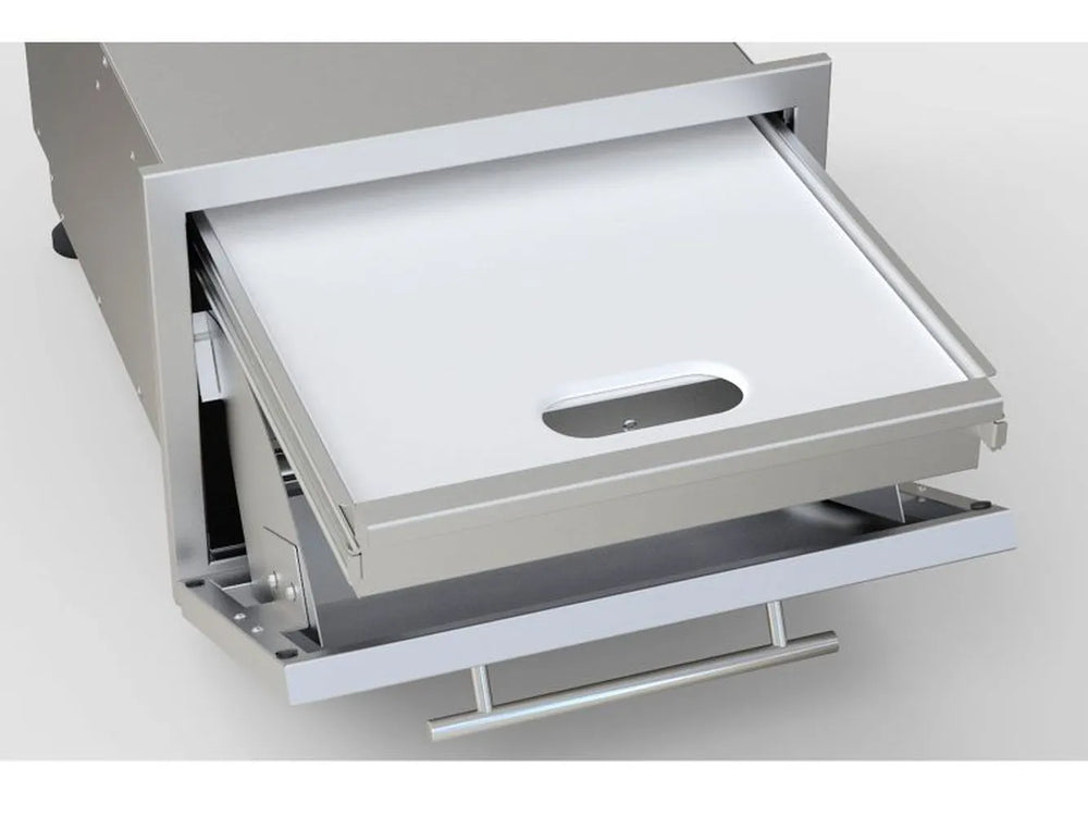 Sunstone DE-DPCF13 paper towel holder tray open, showing flip-out stainless dispenser panel above lower storage drawer.