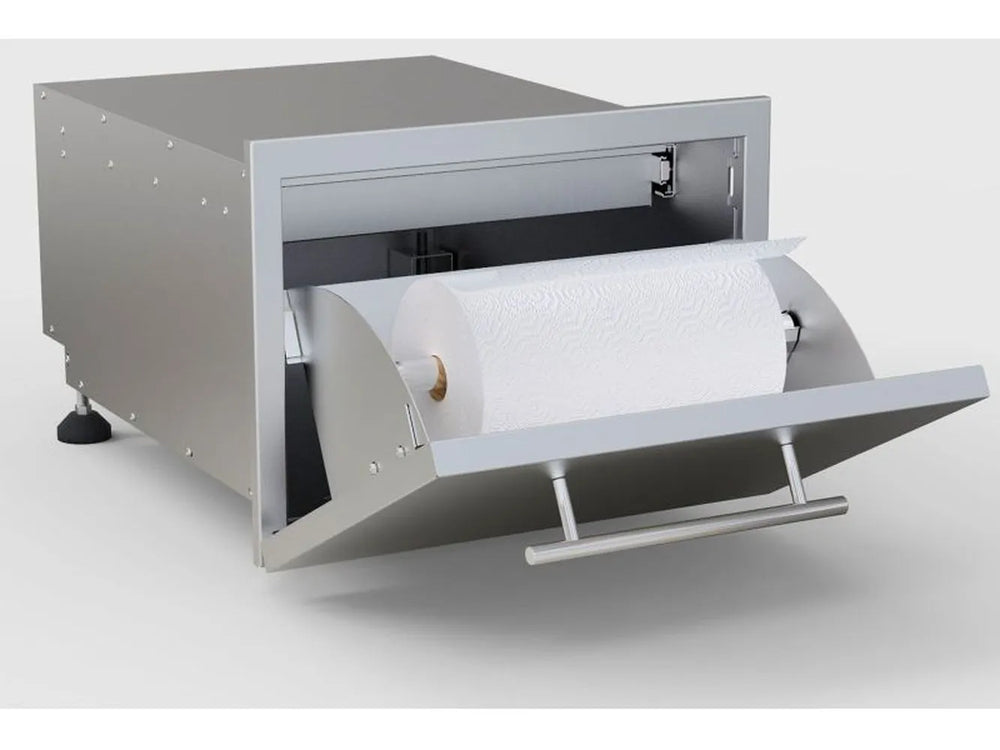 Sunstone DE-DPCF13 outdoor kitchen paper towel dispenser with roll installed, flip-out holder and stainless frame for BBQ island.