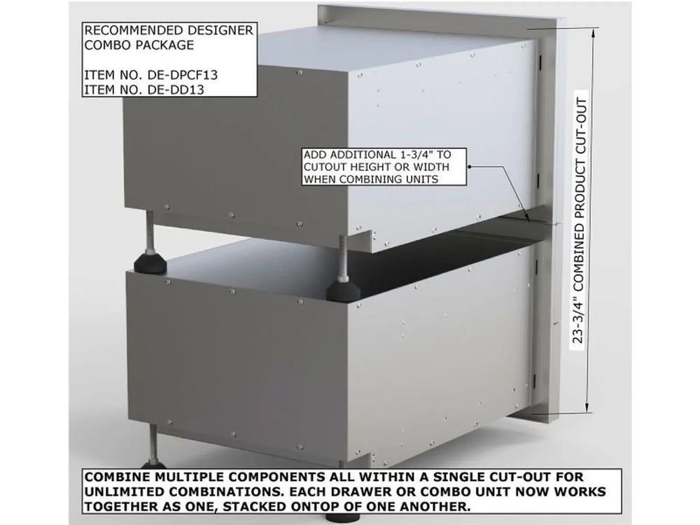 Sunstone modular cabinet components stacked in one cutout, showing DE-DPCF13 paper towel, holder paired with drawer unit for outdoor kitchens.