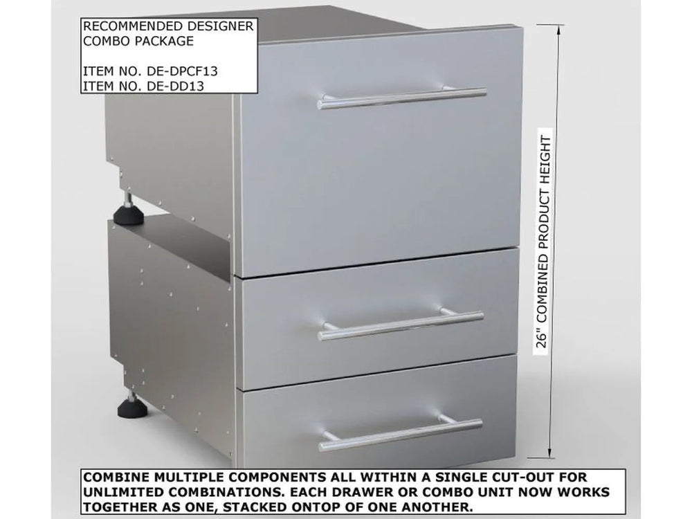 Sunstone outdoor kitchen island with built-in grill and DE-DPCF13 paper towel holder plus cutlery drawer combo, stainless storage near prep area.