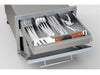Sunstone DE-DPCF13 cutlery drawer pulled out with utensil organizer, stainless outdoor kitchen storage with paper towel holder above.