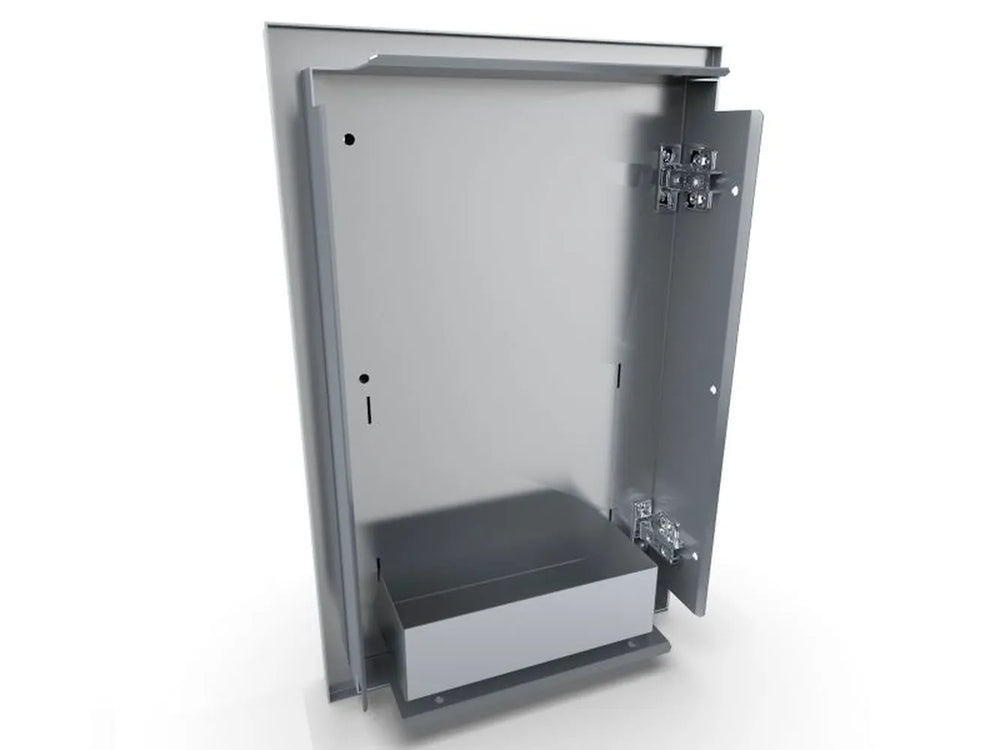 Sunstone DE-DVL15 access door open showing built-in interior shelf and left-swing hinges, 304 stainless steel.