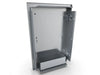 Sunstone DE-DVL15 access door open showing built-in interior shelf and left-swing hinges, 304 stainless steel.