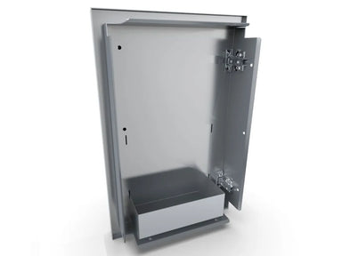 Sunstone DE-DVL15 access door open showing built-in interior shelf and left-swing hinges, 304 stainless steel.