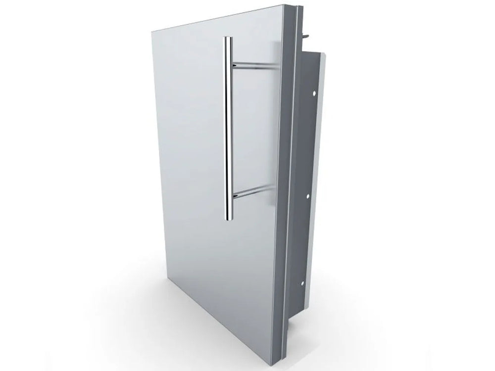 Angled view of Sunstone DE-DVL15 15-inch stainless outdoor kitchen access door with left swing and full-length handle.
