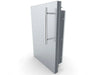 Angled view of Sunstone DE-DVL15 15-inch stainless outdoor kitchen access door with left swing and full-length handle.