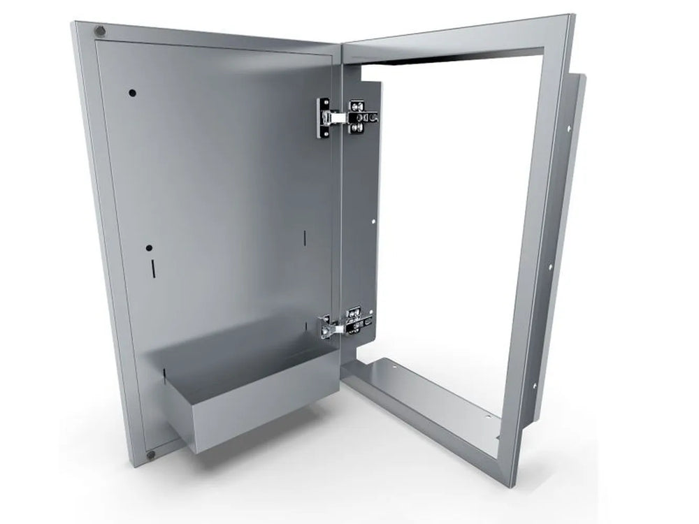 Wide inside view of Sunstone DE-DVL15 left-swing stainless access door with concealed hinges and integrated storage shelf.