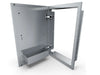 Wide inside view of Sunstone DE-DVL15 left-swing stainless access door with concealed hinges and integrated storage shelf.
