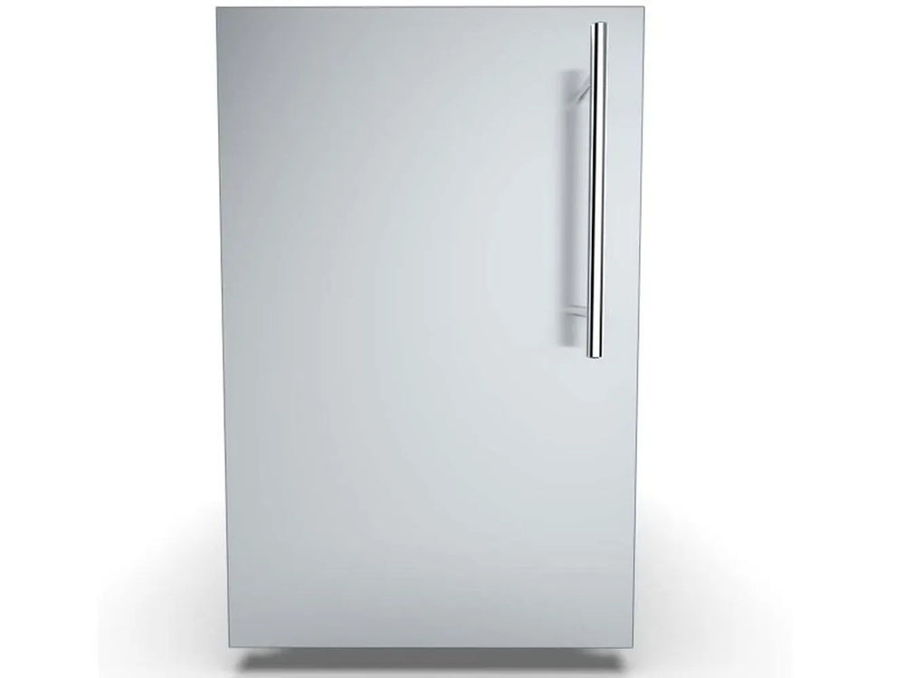 A direct front view of the Sunstone DE-DVPL15 15-inch stainless steel dry storage pantry in a closed position, featuring a sleek vertical bar handle on a left-swing door.