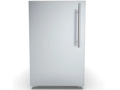 A direct front view of the Sunstone DE-DVPL15 15-inch stainless steel dry storage pantry in a closed position, featuring a sleek vertical bar handle on a left-swing door.