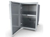 Interior view of the Sunstone left-swing dry storage pantry with the door open, showcasing a spacious storage cabinet and a centered adjustable stainless steel shelf.