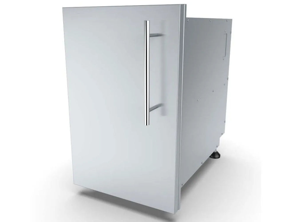 An angled perspective of the Sunstone DE-DVPL15 15-inch pantry, highlighting the deep cabinet box and the professional-grade stainless steel finish.