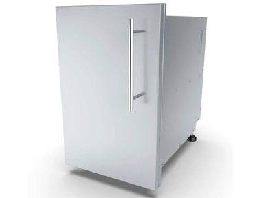 An angled perspective of the Sunstone DE-DVPL15 15-inch pantry, highlighting the deep cabinet box and the professional-grade stainless steel finish.