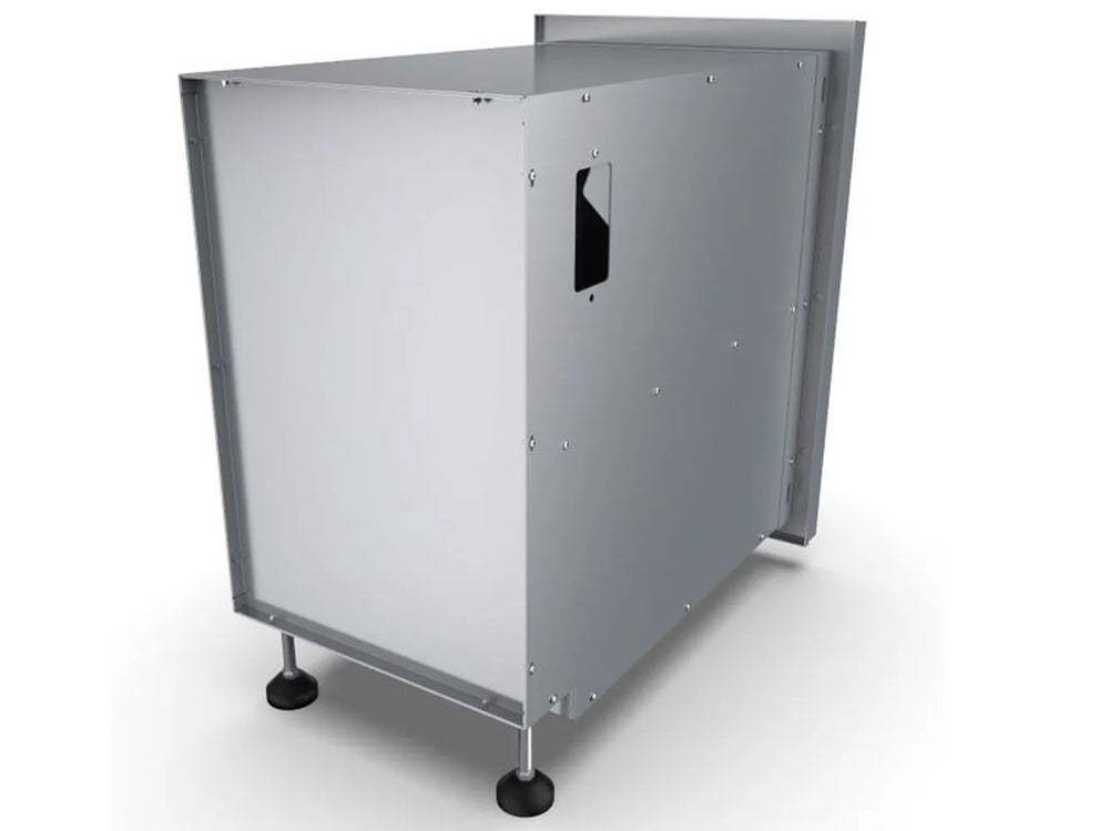 Rear angled view of the Sunstone dry storage cabinet, displaying the fully enclosed protective housing and adjustable leveling legs for a secure outdoor kitchen installation.
