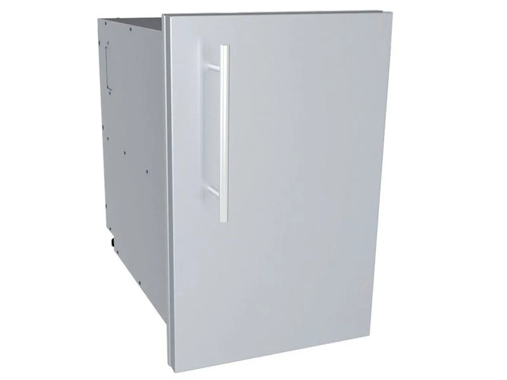 Angled perspective of the Sunstone 15-inch dry storage pantry in a closed position, highlighting its durable stainless steel cabinet construction.