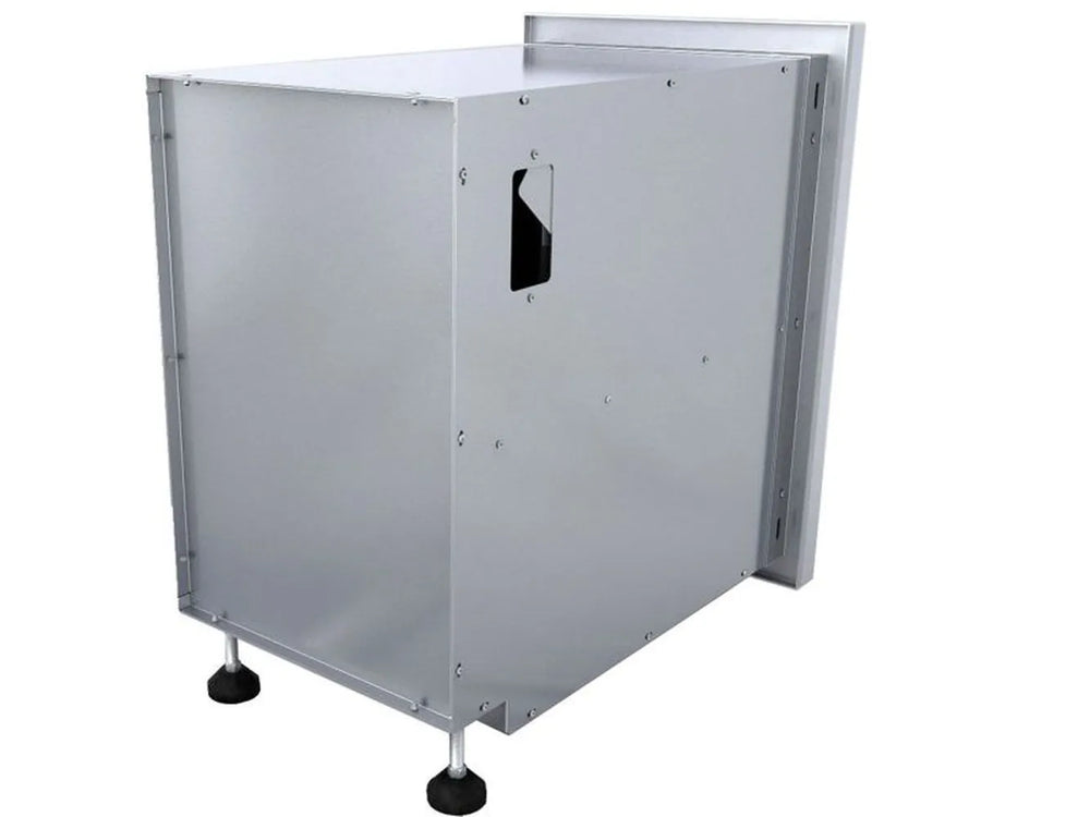 Rear angled view of the Sunstone 15-inch pantry cabinet showcasing the leveling legs and fully enclosed stainless steel box design.