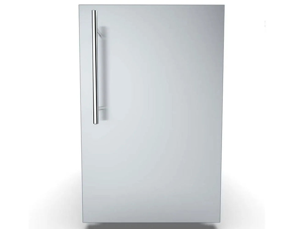 Front view of the Sunstone DE-DVPR15 15-inch stainless steel dry storage pantry featuring a vertical bar handle on a sleek, raised door panel.