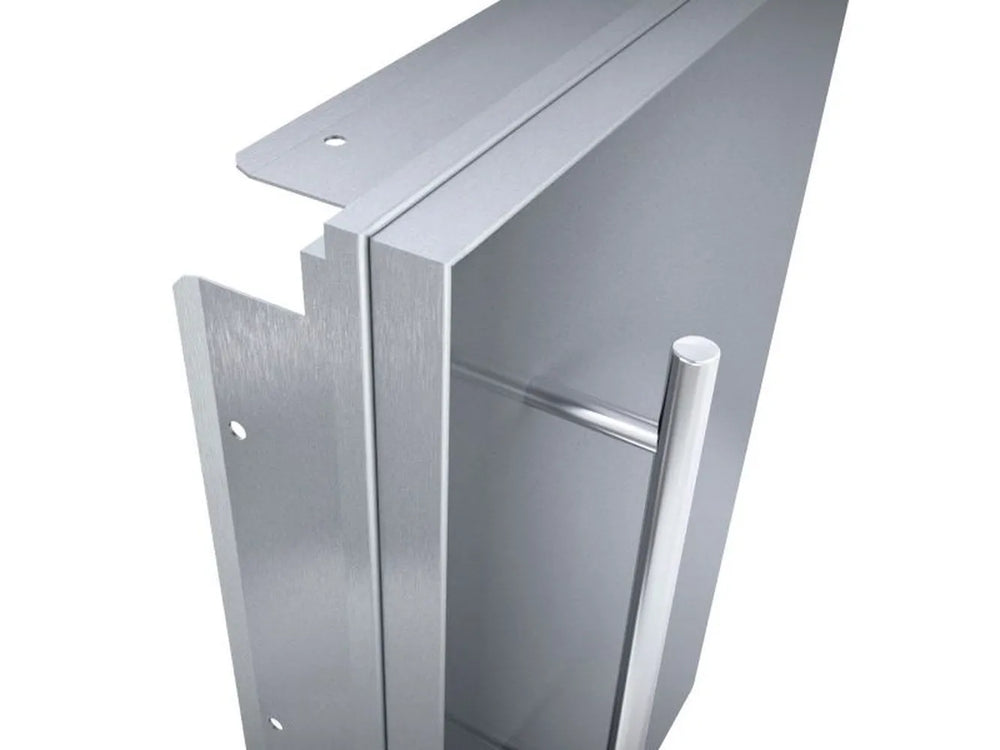 Close-up of Sunstone DE-DVR15 stainless access door edge and vertical handle, showing trim frame and mounting flange.
