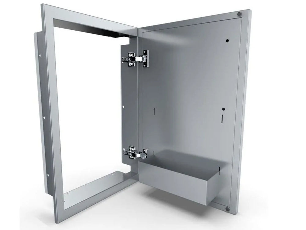 Sunstone DE-DVR15 access door open showing built-in interior shelf and right-swing hinges, 304 stainless steel.
