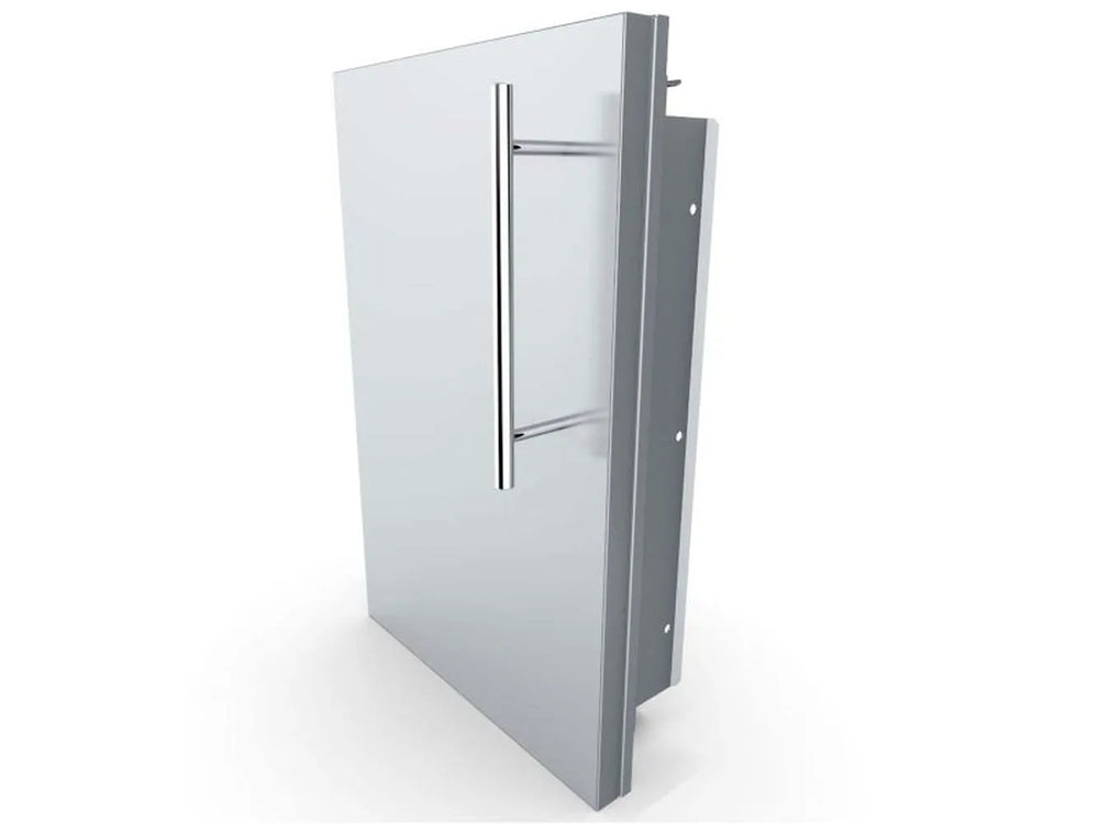 Angled view of Sunstone DE-DVR15 15-inch stainless outdoor kitchen access door with right swing and full-length handle.