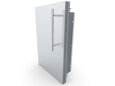 Angled view of Sunstone DE-DVR15 15-inch stainless outdoor kitchen access door with right swing and full-length handle.